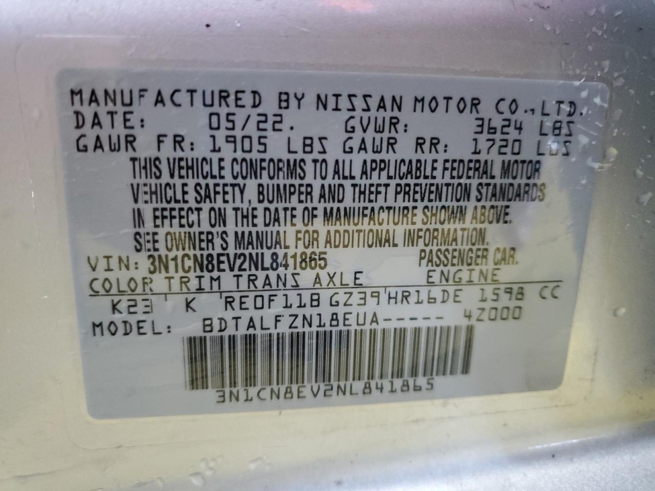 2022 Nissan Versa Sv VIN: 3N1CN8EV2NL841865 Lot: 55060265