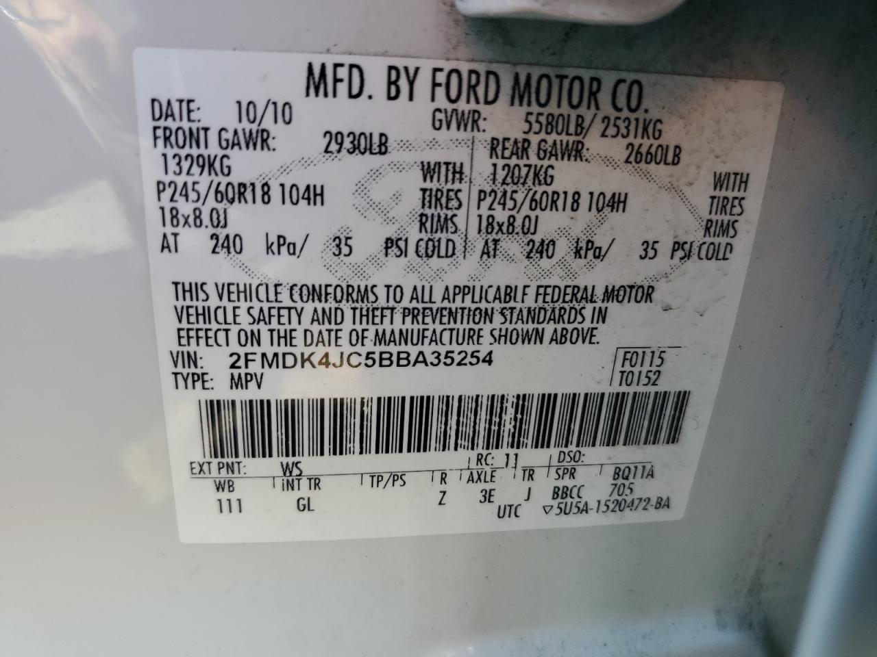 2011 Ford Edge Sel VIN: 2FMDK4JC5BBA35254 Lot: 55038245