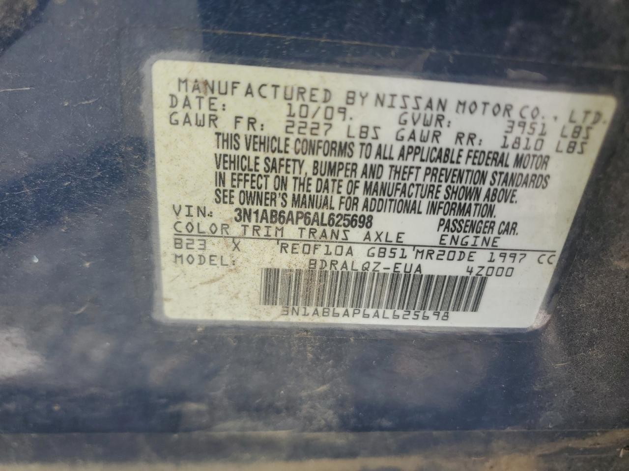 2010 Nissan Sentra 2.0 VIN: 3N1AB6AP6AL625698 Lot: 55095895