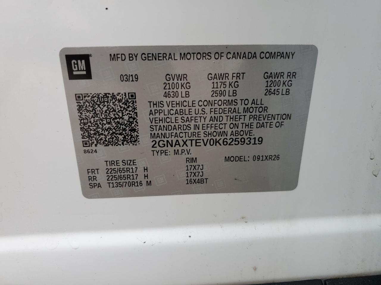 2019 Chevrolet Equinox Lt VIN: 2GNAXTEV0K6259319 Lot: 52766925