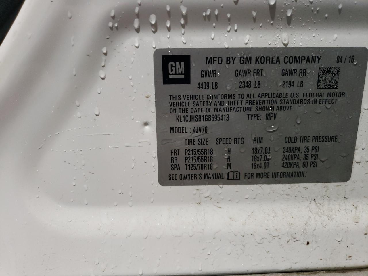 2016 Buick Encore Premium VIN: KL4CJHSB1GB695413 Lot: 53817185