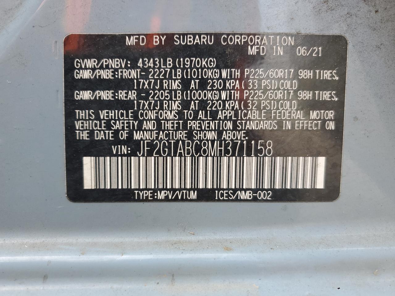 2021 Subaru Crosstrek VIN: JF2GTABC8MH371158 Lot: 52861905