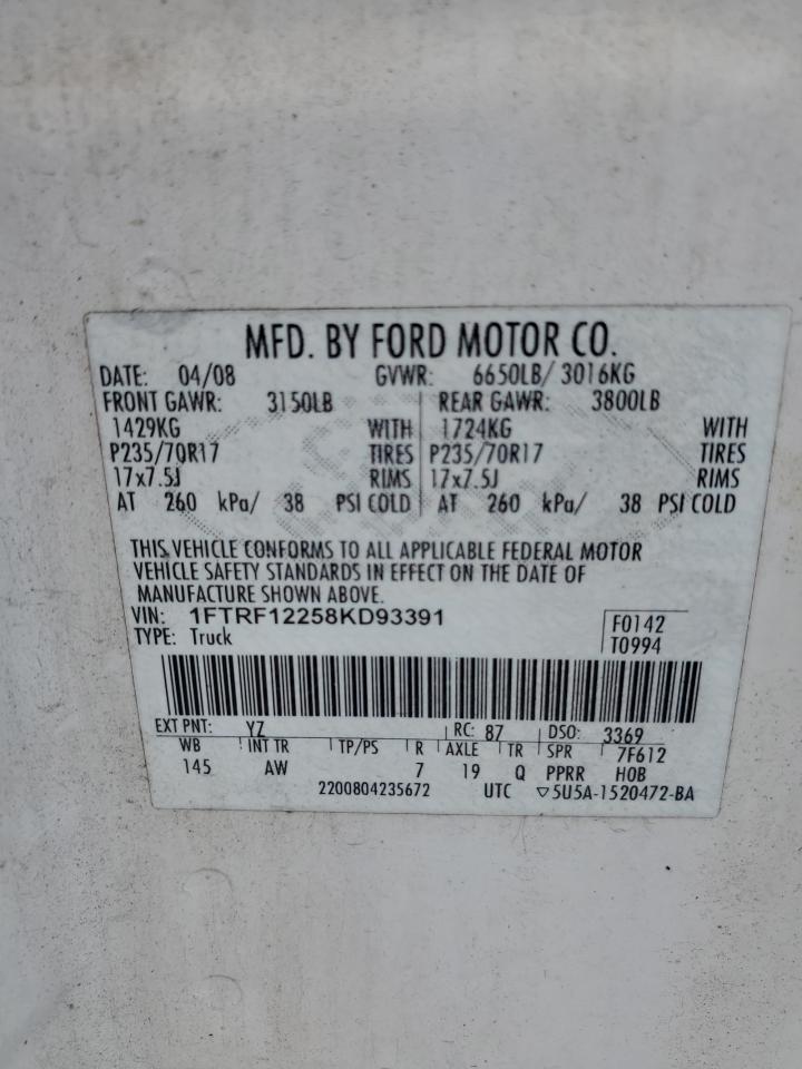 2008 Ford F150 VIN: 1FTRF12258KD93391 Lot: 51749245