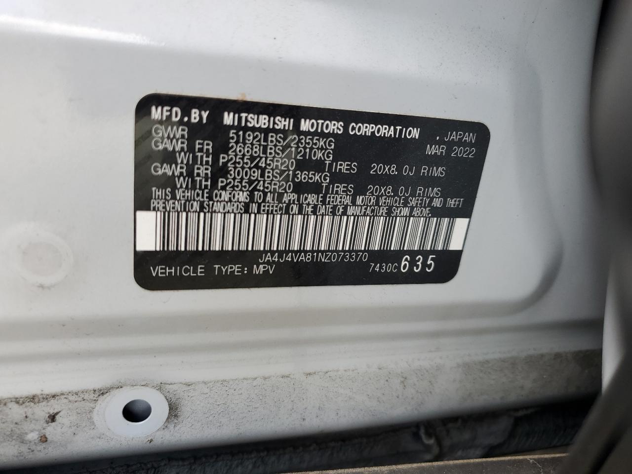 2022 Mitsubishi Outlander Sel VIN: JA4J4VA81NZ073370 Lot: 54191575