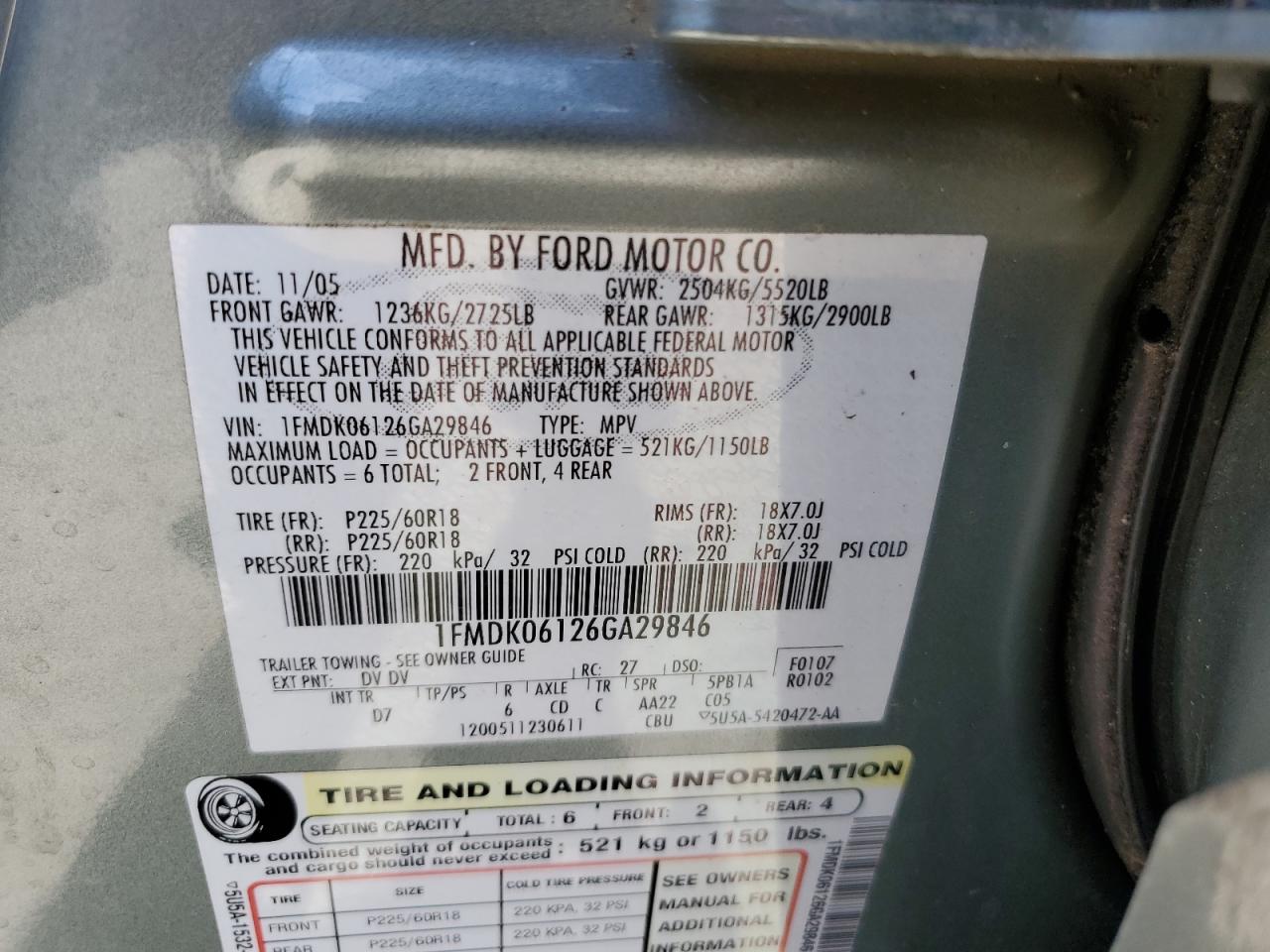 2006 Ford Freestyle Limited VIN: 1FMDK06126GA29846 Lot: 54138325