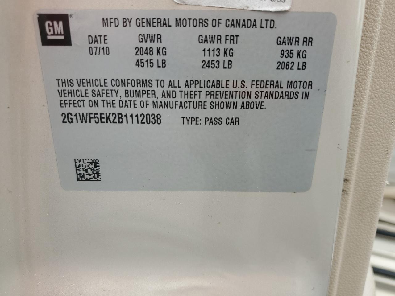 2011 Chevrolet Impala Ls VIN: 2G1WF5EK2B1112038 Lot: 60810025