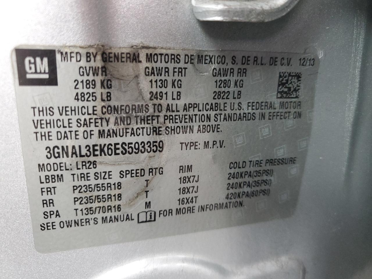 2014 Chevrolet Captiva Lt VIN: 3GNAL3EK6ES593359 Lot: 51849665