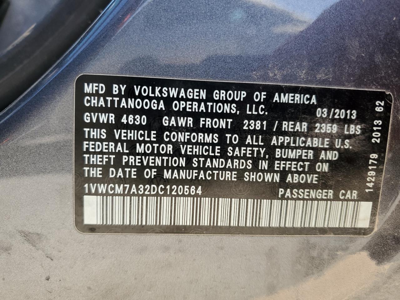 2013 Volkswagen Passat Sel VIN: 1VWCM7A32DC120564 Lot: 52324555
