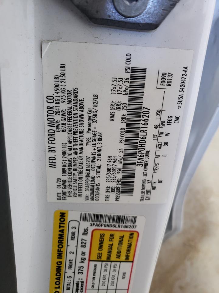 2020 Ford Fusion Se VIN: 3FA6P0HD6LR166207 Lot: 52020885