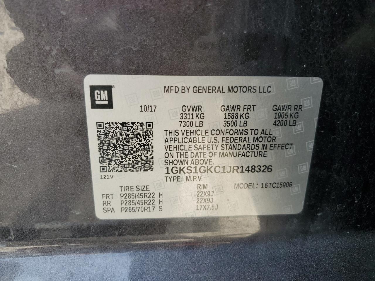 1GKS1GKC1JR148326 2018 GMC Yukon Xl C1500 Slt