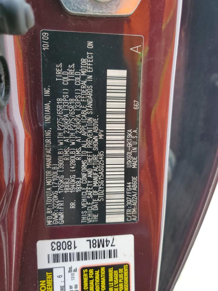 2010 Toyota Sequoia Sr5 VIN: 5TDZY5G15AS025485 Lot: 54501565