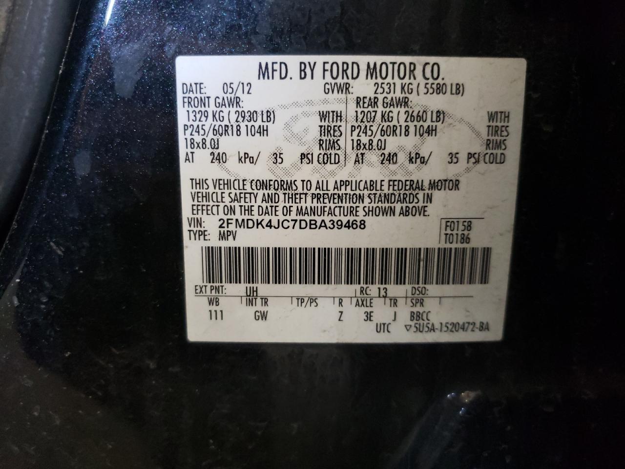 2013 Ford Edge Sel VIN: 2FMDK4JC7DBA39468 Lot: 55254425