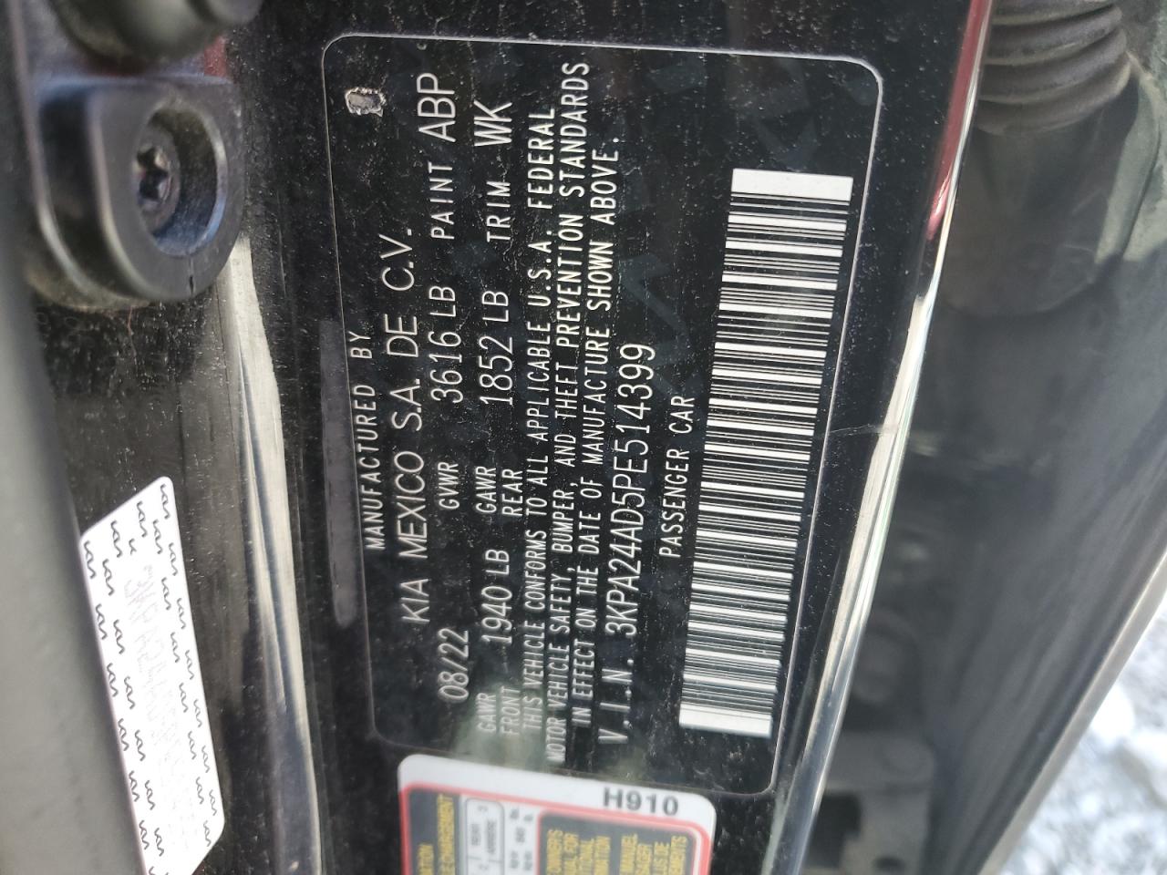 2023 Kia Rio Lx VIN: 3KPA24AD5PE514399 Lot: 52190435