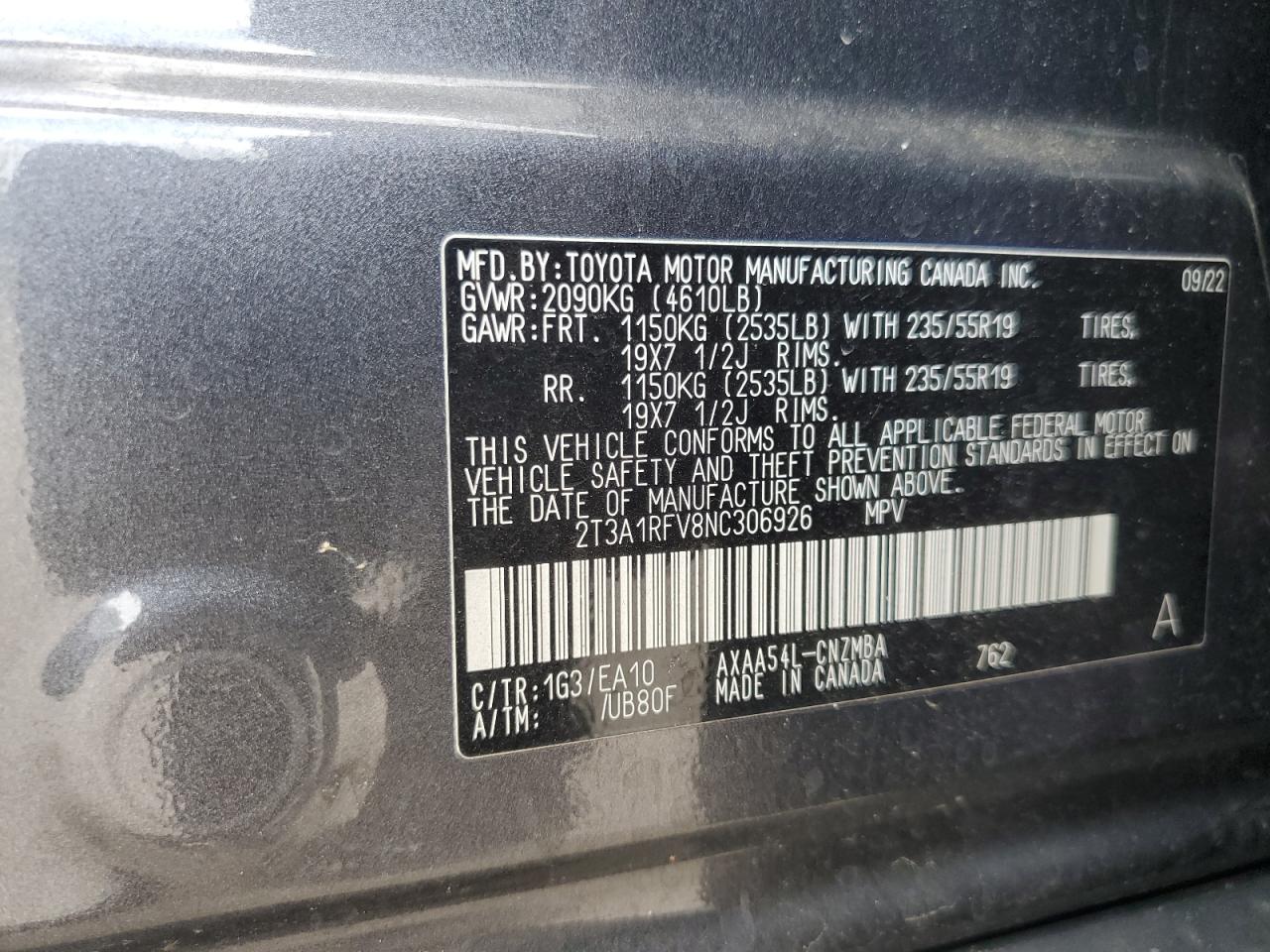 2t3a1rfv8nc306926 2T3A1RFV8NC306926 2022 Toyota Rav4 Xle Premium