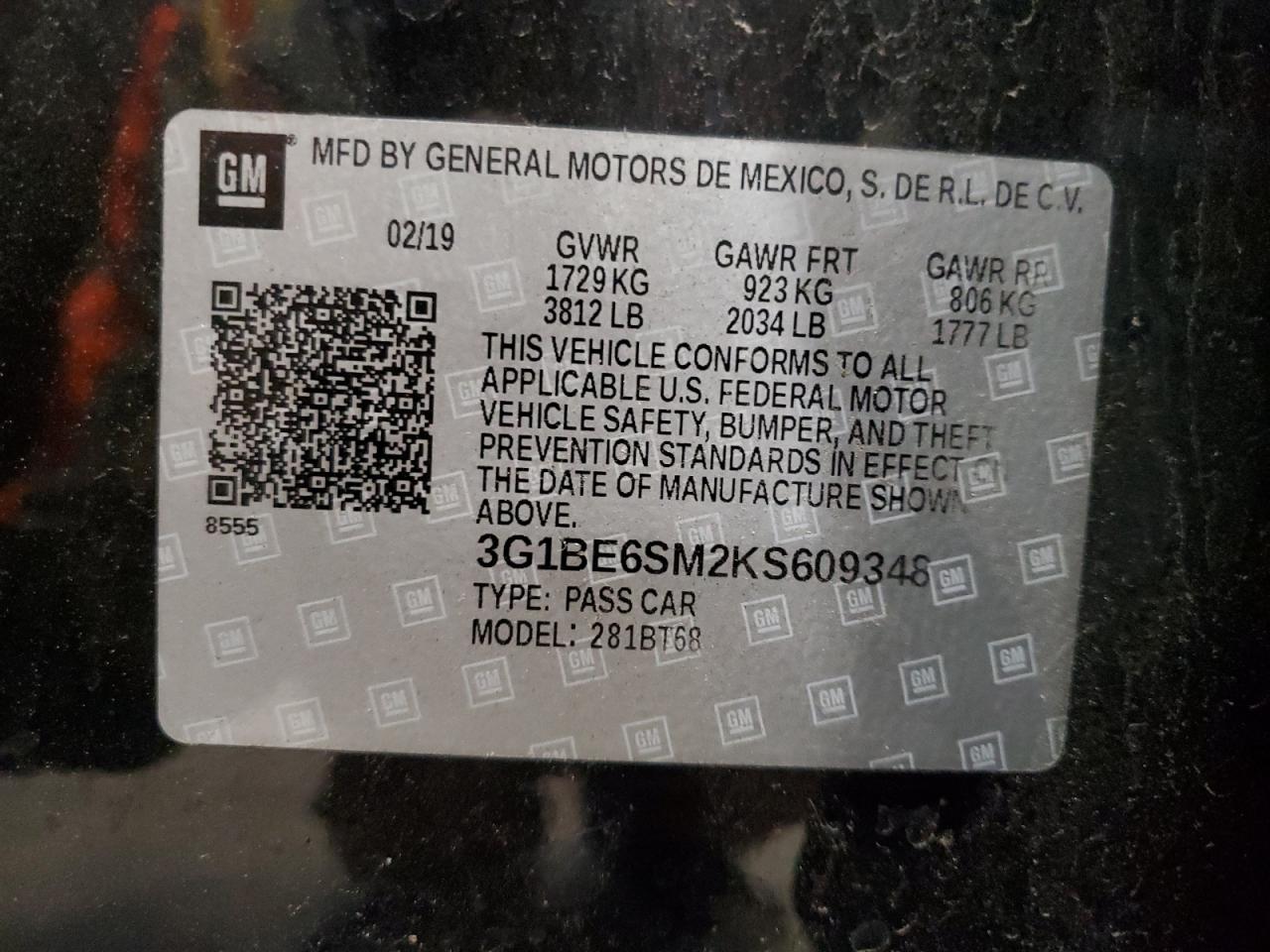 2019 Chevrolet Cruze Lt VIN: 3G1BE6SM2KS609348 Lot: 55051425