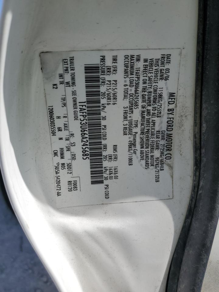 2006 Ford Taurus Se VIN: 1FAFP53U66A245685 Lot: 53472415