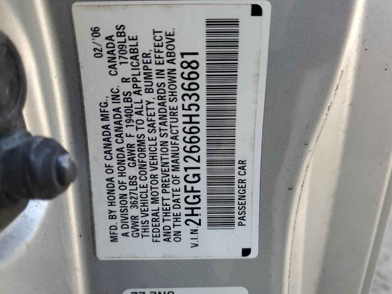 2006 Honda Civic Lx VIN: 2HGFG12666H536681 Lot: 54172915