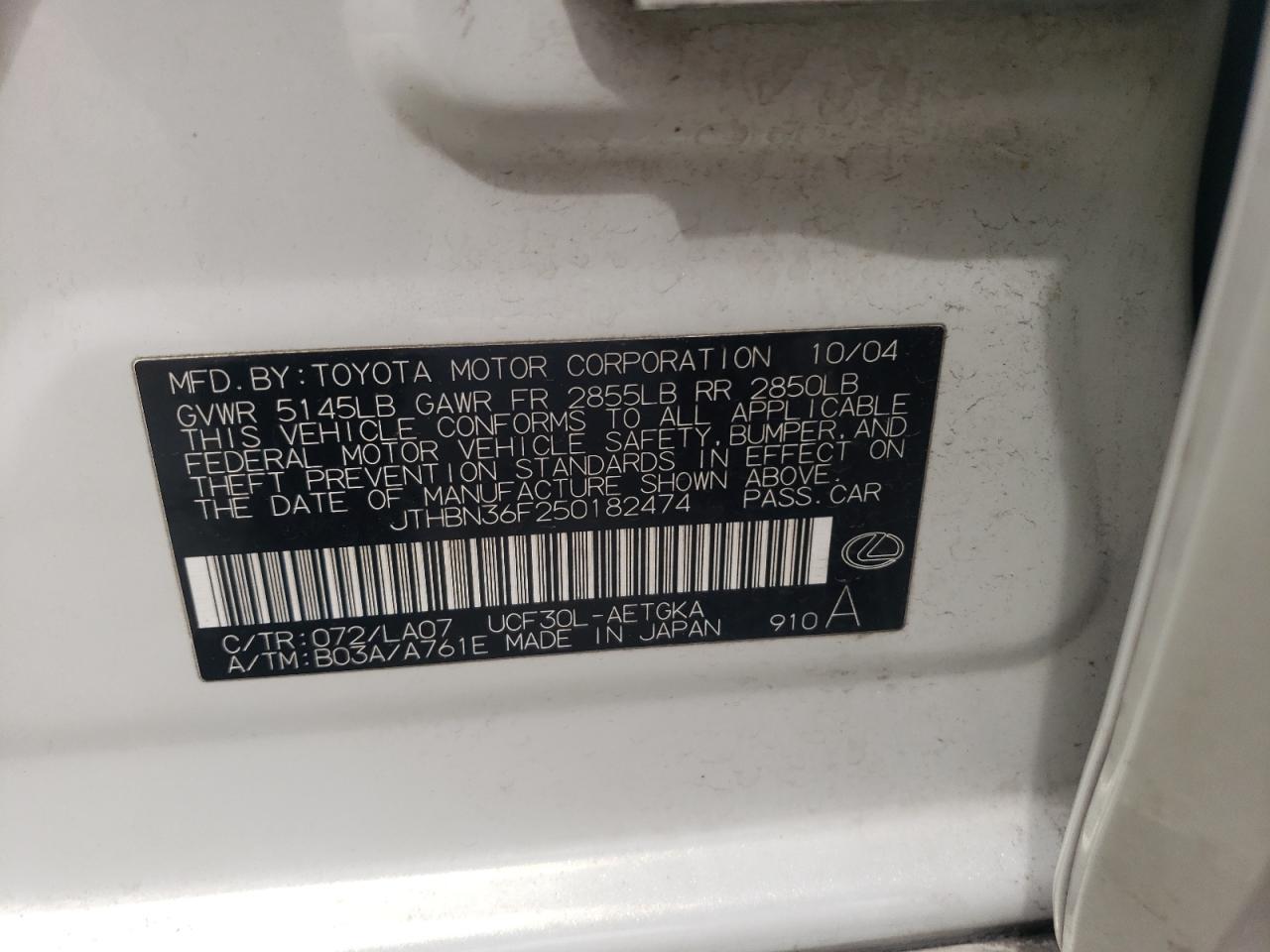 2005 Lexus Ls 430 VIN: JTHBN36F250182474 Lot: 54141425