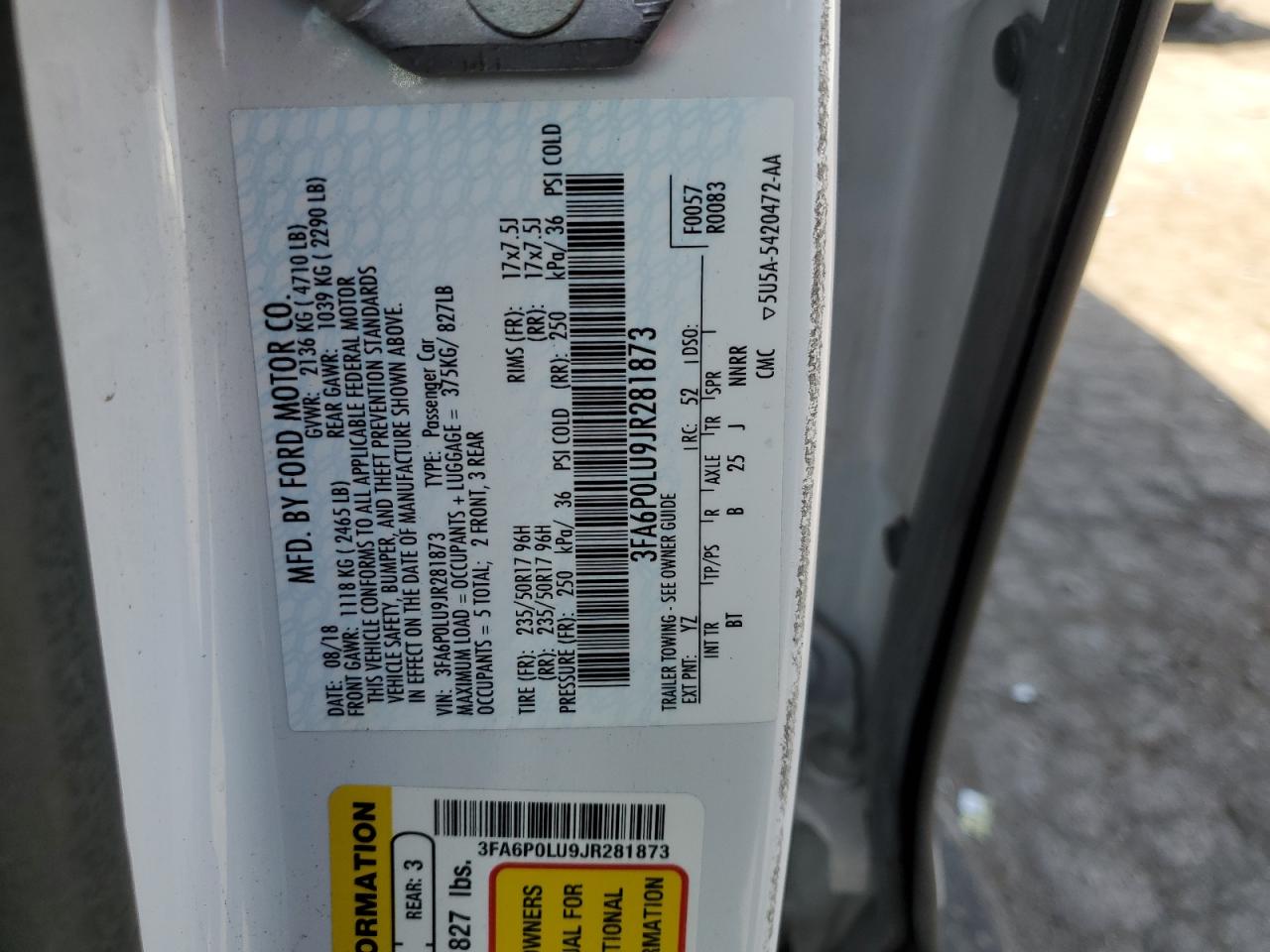 2018 Ford Fusion Se Hybrid VIN: 3FA6P0LU9JR281873 Lot: 54035725