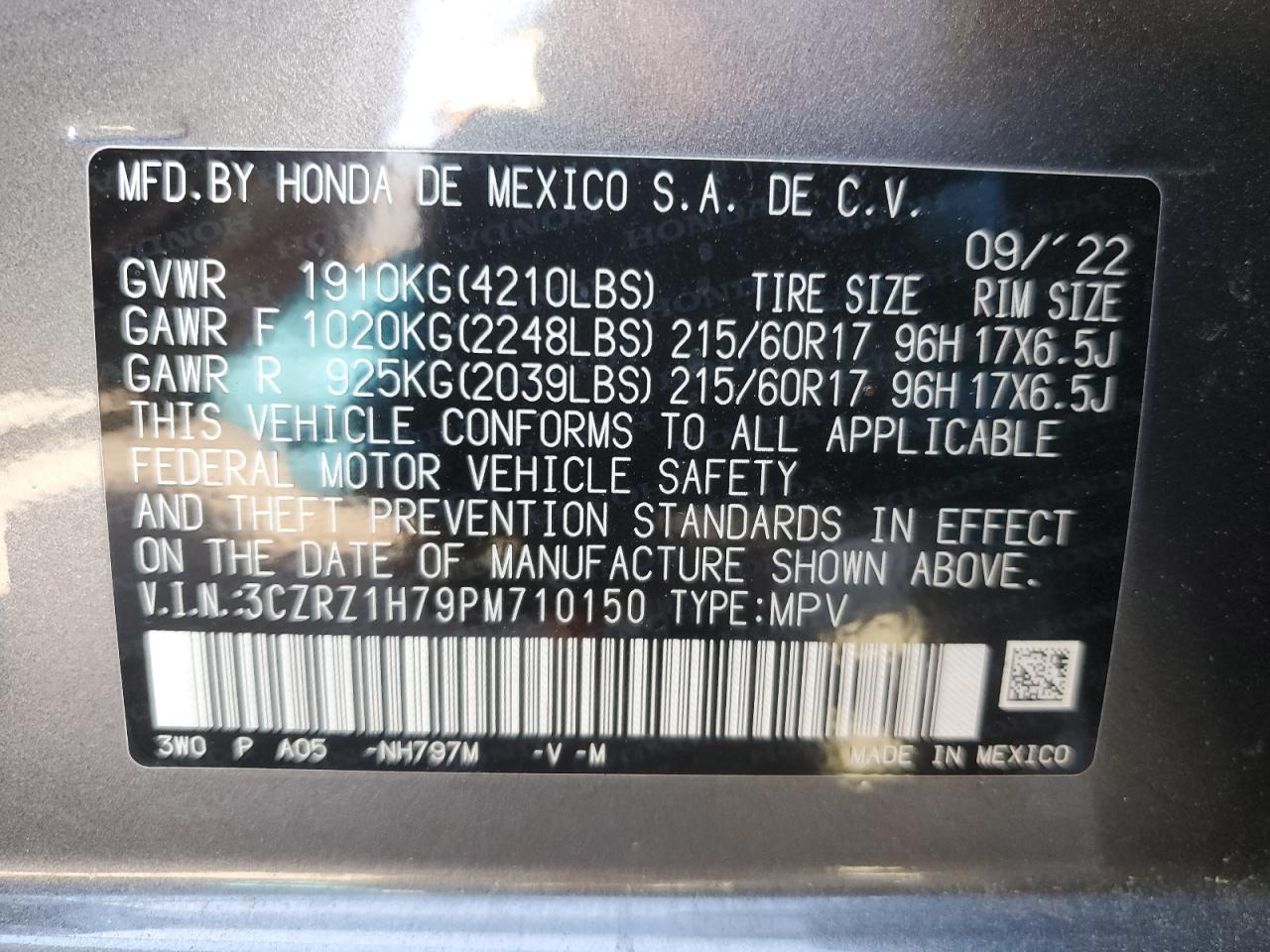 2023 Honda Hr-V Exl VIN: 3CZRZ1H79PM710150 Lot: 52541455