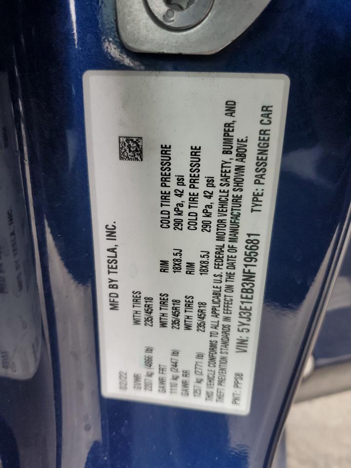 2022 Tesla Model 3 VIN: 5YJ3E1EB3NF195681 Lot: 53323645