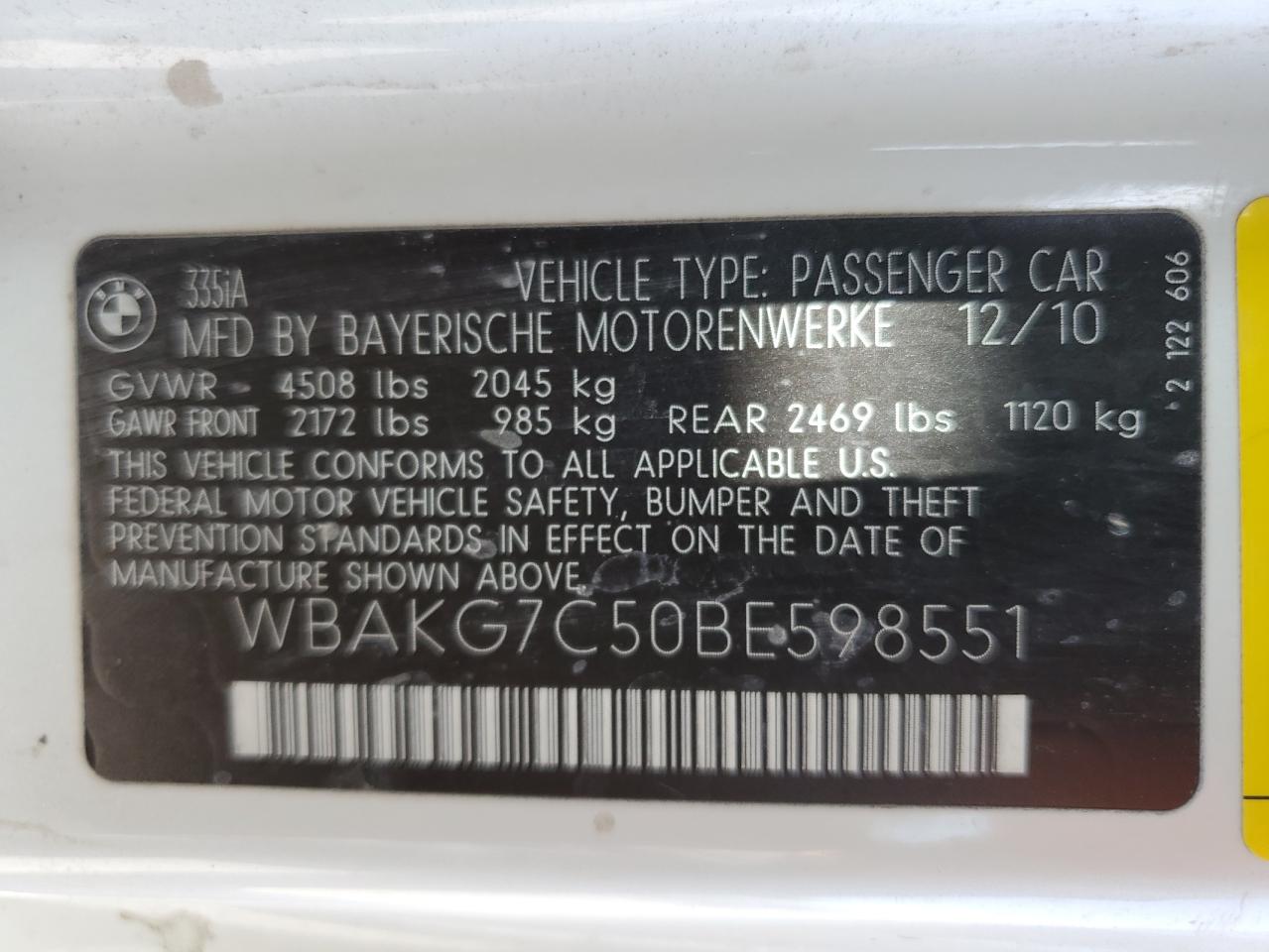 2011 BMW 335 I VIN: WBAKG7C50BE598551 Lot: 48457805