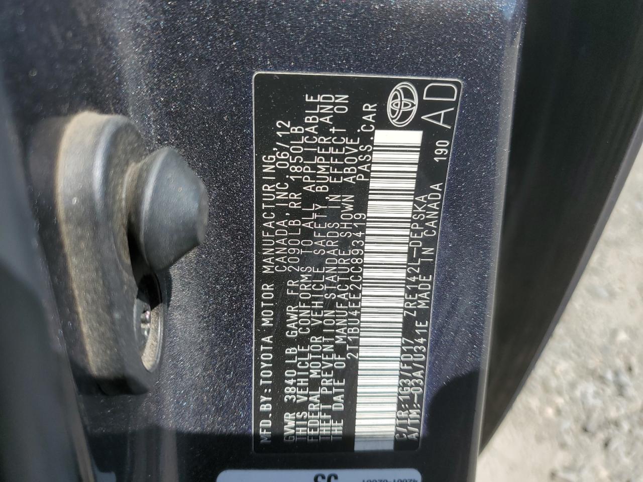 2012 Toyota Corolla Base VIN: 2T1BU4EE2CC893419 Lot: 55257965