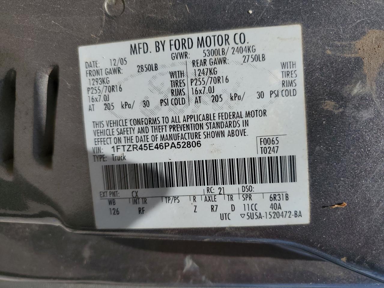 2006 Ford Ranger Super Cab VIN: 1FTZR45E46PA52806 Lot: 54753975