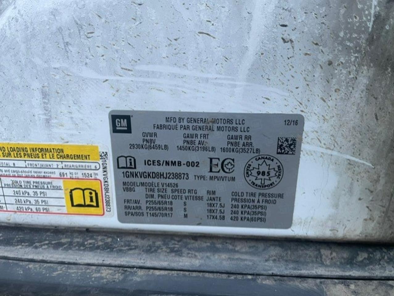 1GNKVGKD8HJ238873 CHEVROLET TRAVERSE 2017