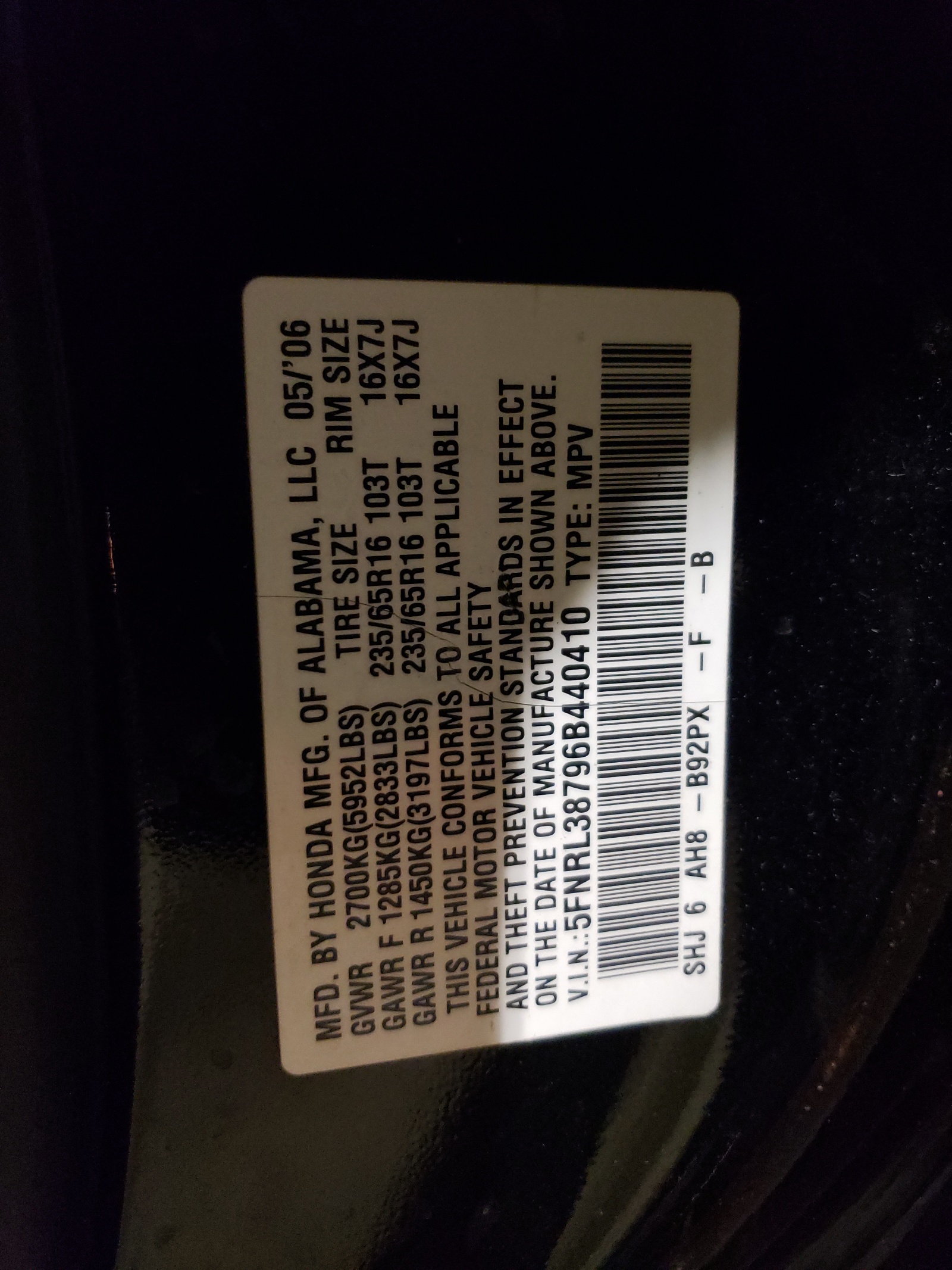 5FNRL38796B440410 2006 Honda Odyssey Exl