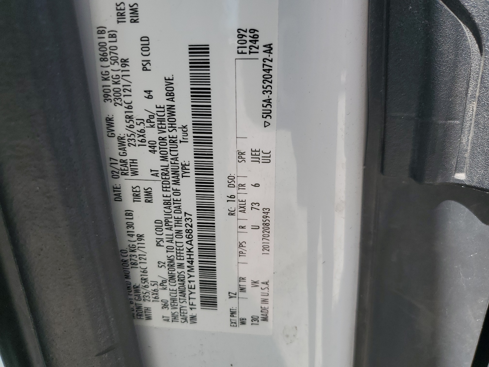 1FTYE1YM4HKA68237 2017 Ford Transit T-150