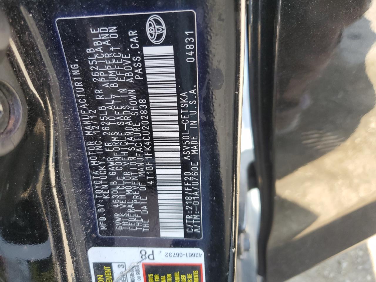 4T1BF1FK4CU202838 2012 Toyota Camry Base