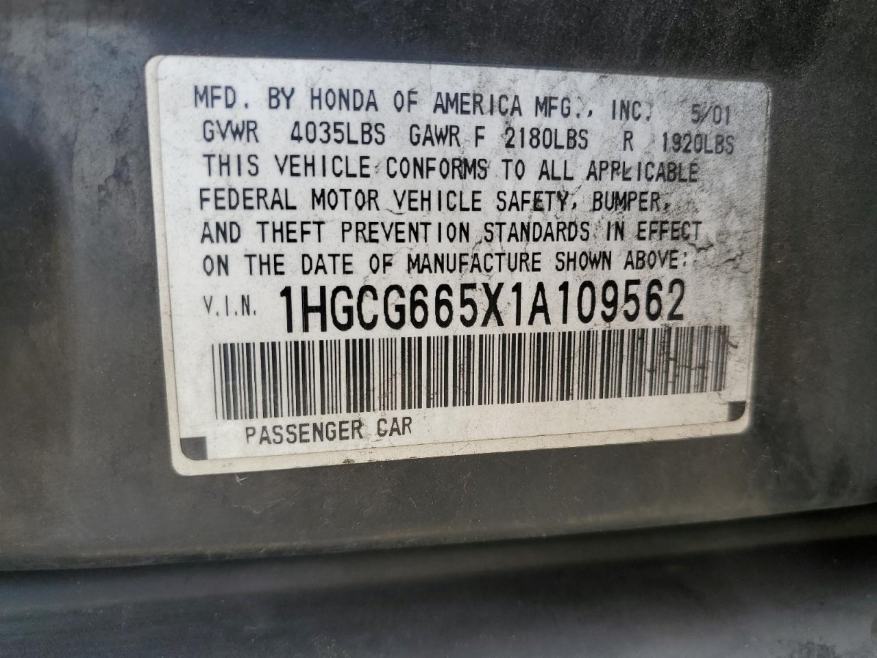 2001 Honda Accord Lx VIN: 1HGCG665X1A109562 Lot: 51610663