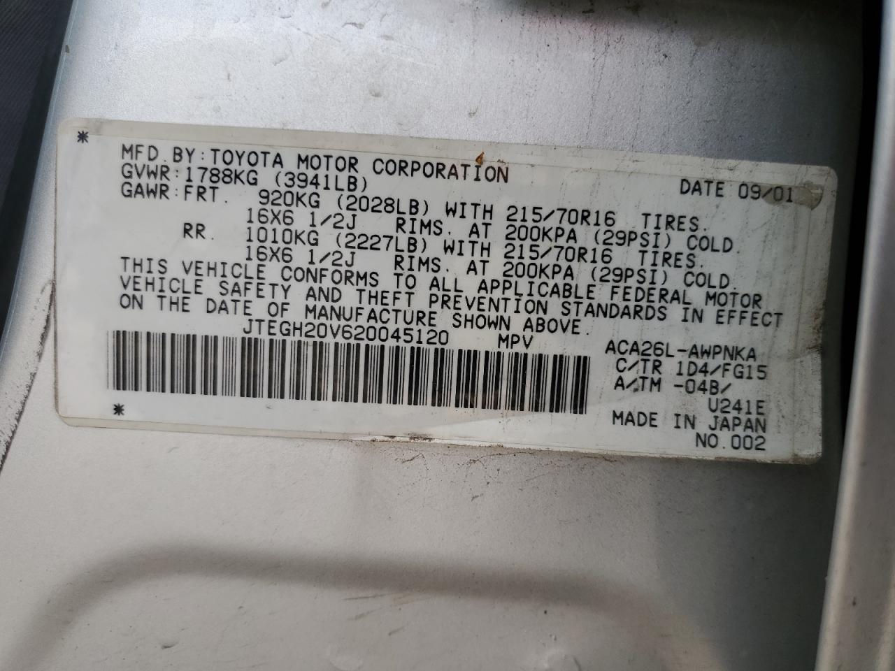 2002 Toyota Rav4 VIN: JTEGH20V620045120 Lot: 53809263