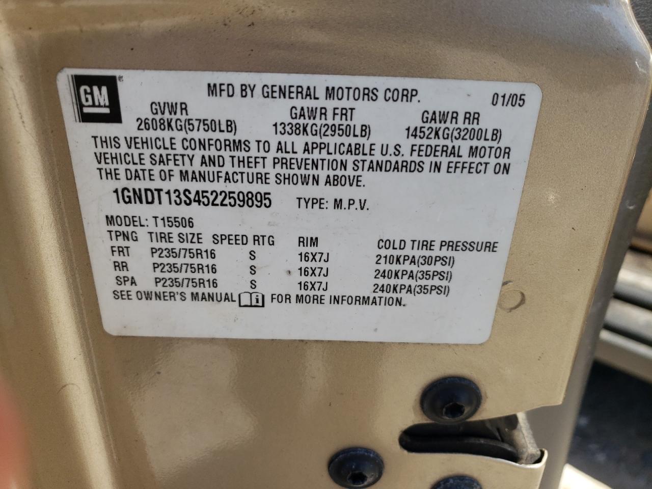 2005 Chevrolet Trailblazer Ls VIN: 1GNDT13S452259895 Lot: 50620393