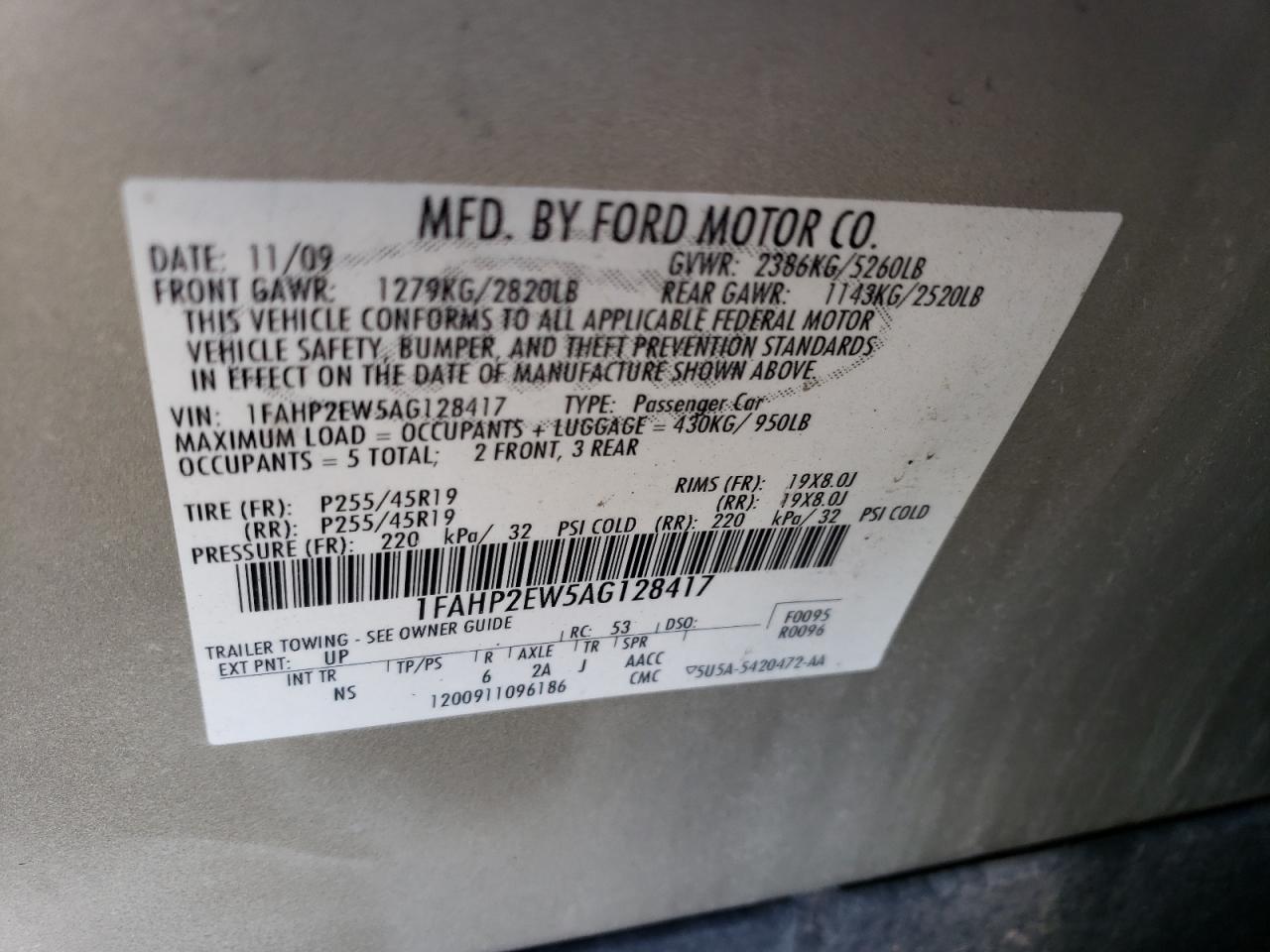 2010 Ford Taurus Sel VIN: 1FAHP2EW5AG128417 Lot: 58203454