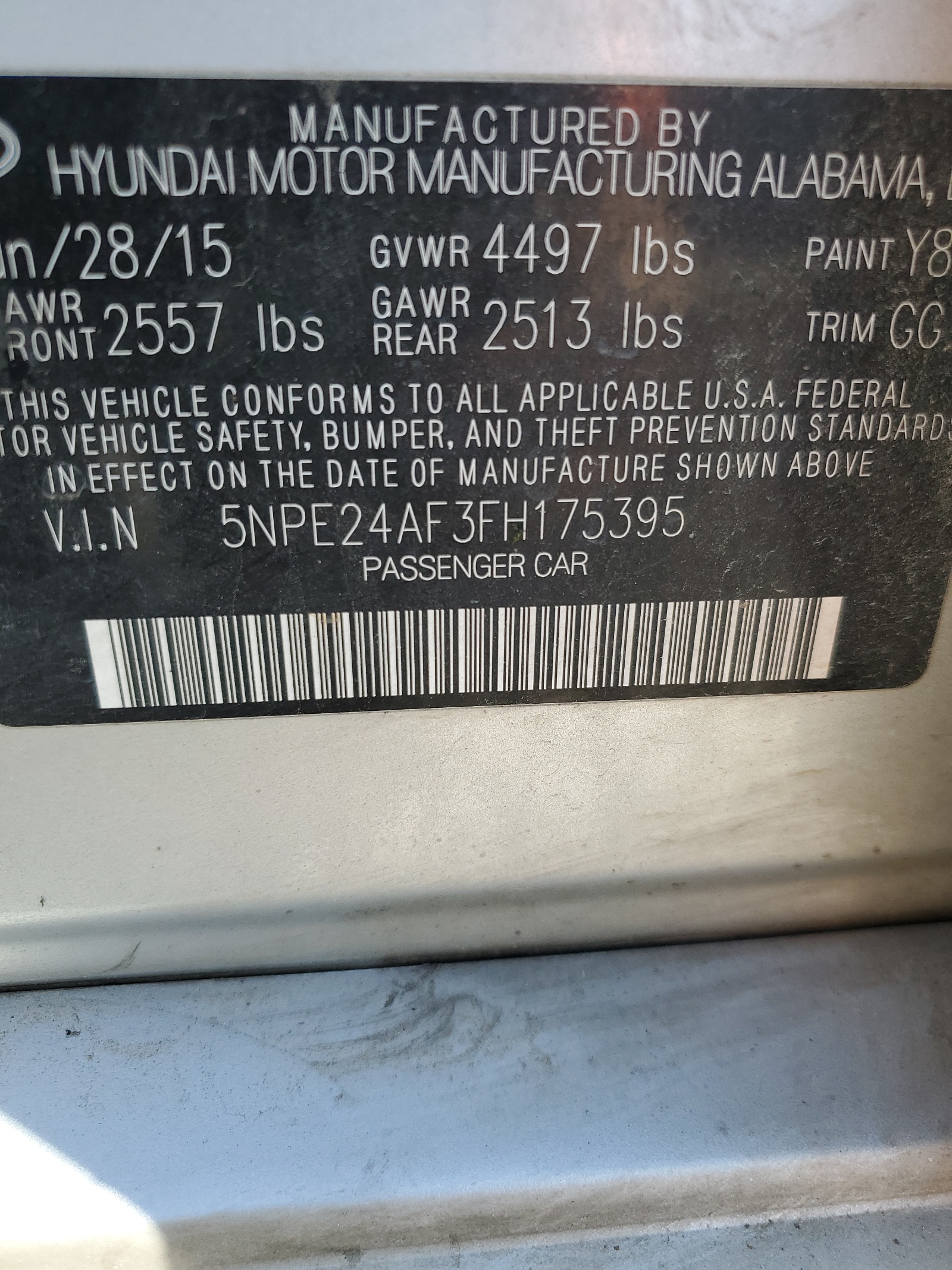 5NPE24AF3FH175395 2015 Hyundai Sonata Se