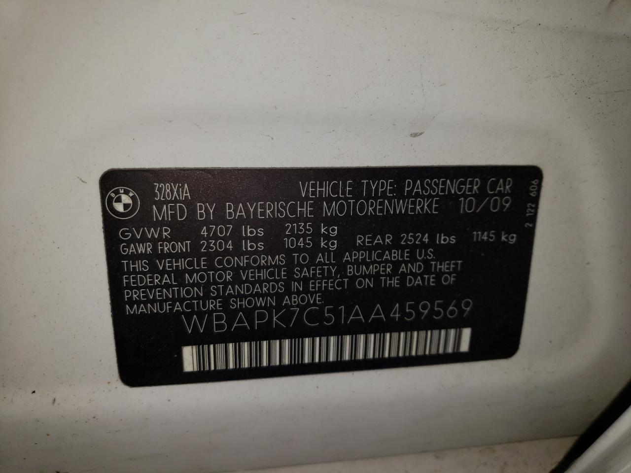 2010 BMW 328 Xi VIN: WBAPK7C51AA459569 Lot: 64074735