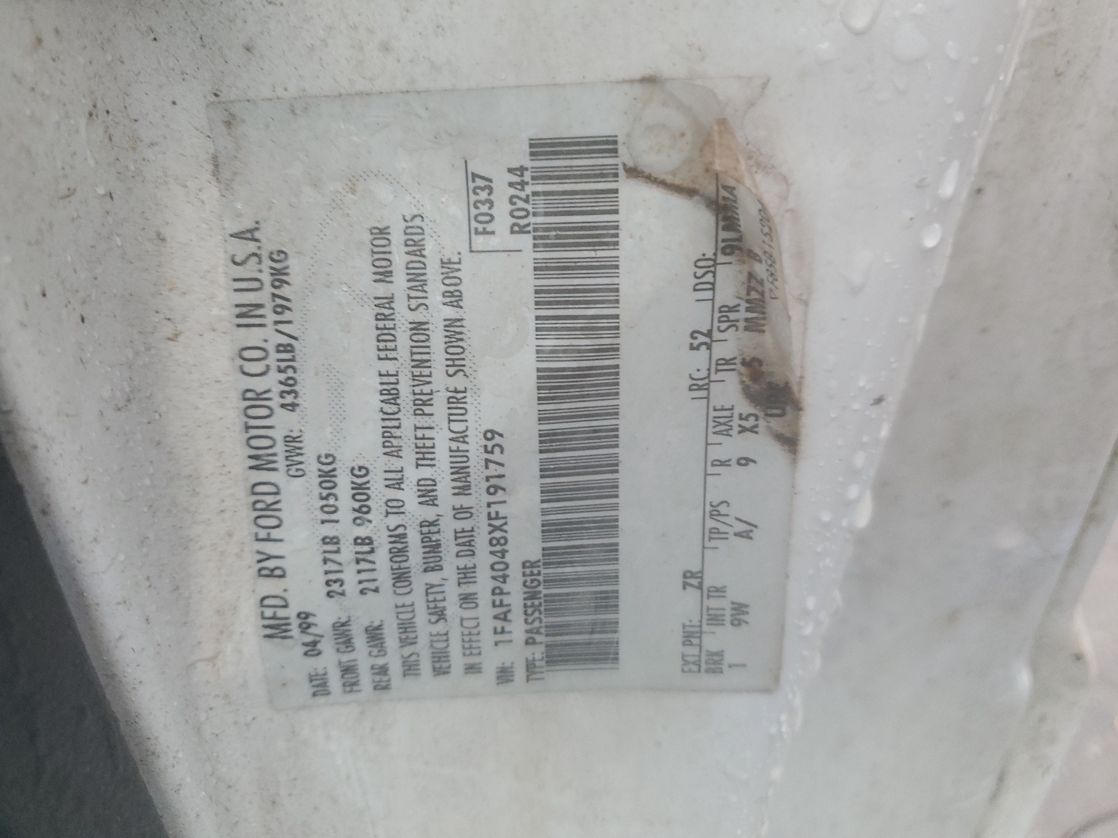 1FAFP4048XF191759 1999 Ford Mustang