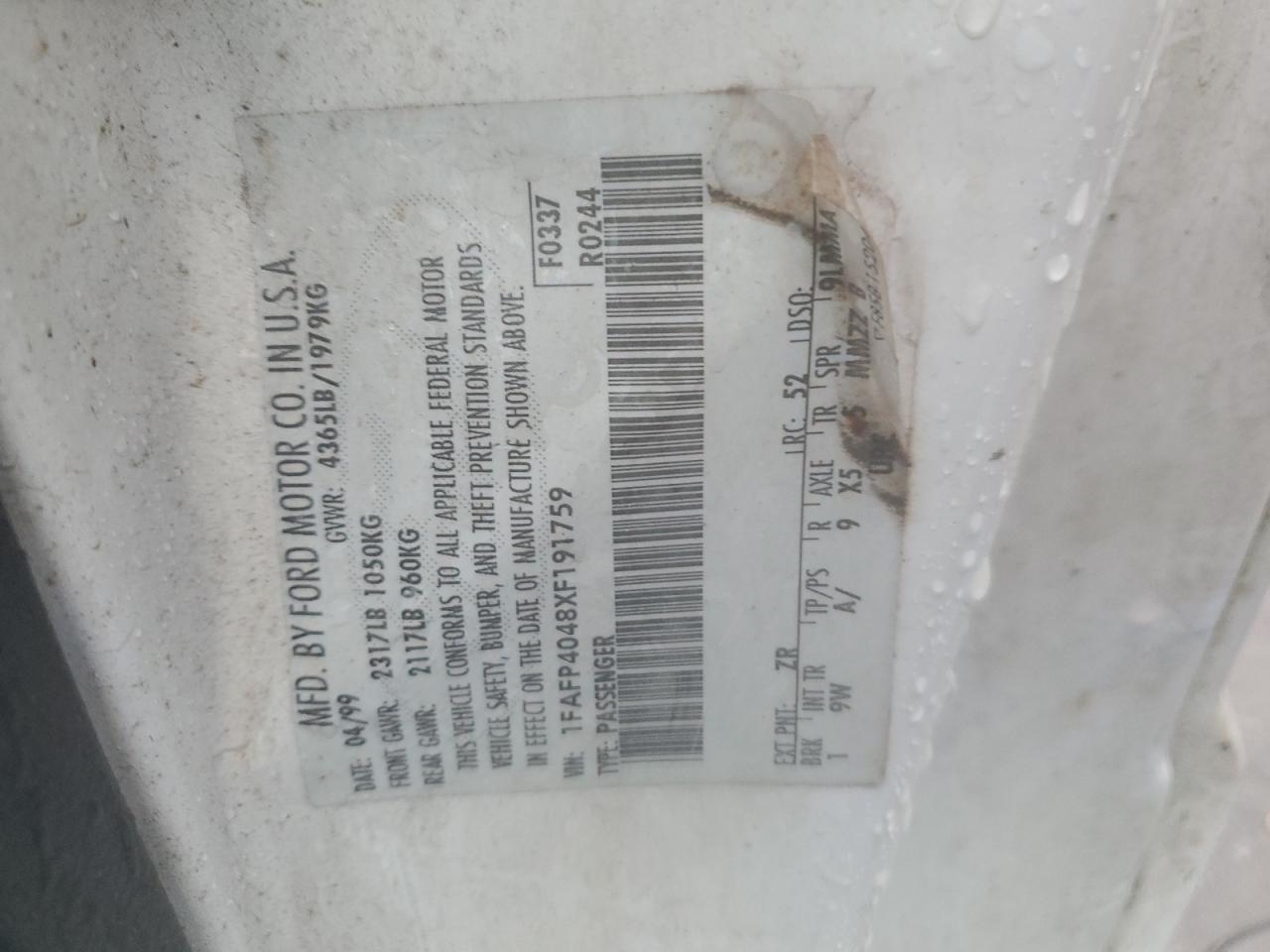 1999 Ford Mustang VIN: 1FAFP4048XF191759 Lot: 64784504