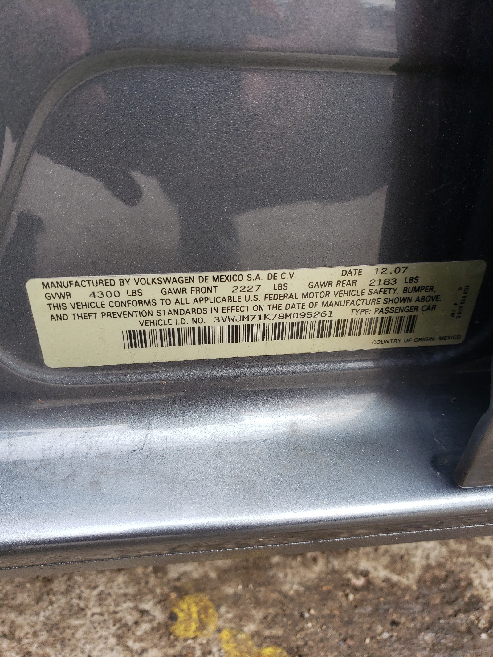 3VWJM71K78M095261 2008 Volkswagen Jetta S