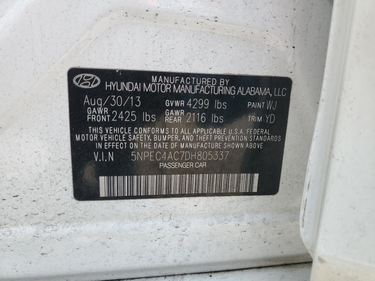 2013 Hyundai Sonata Se VIN: 5NPEC4AC7DH805337 Lot: 53972393