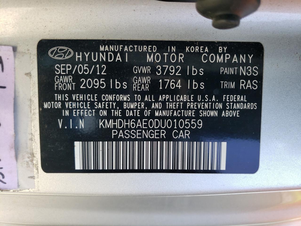 2013 Hyundai Elantra Coupe Gs VIN: KMHDH6AE0DU010559 Lot: 59208114