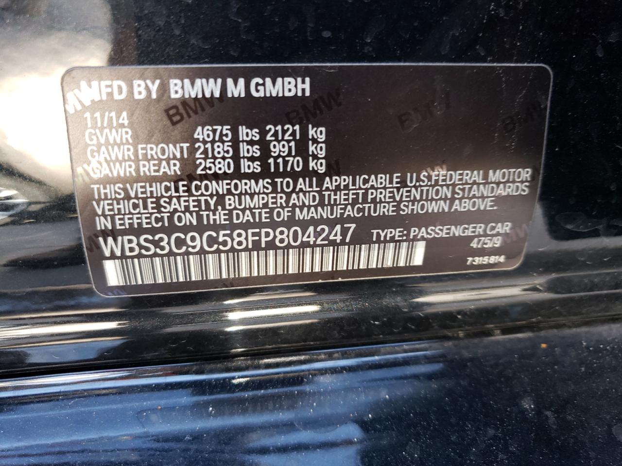 2015 BMW M3 VIN: WBS3C9C58FP804247 Lot: 50446713