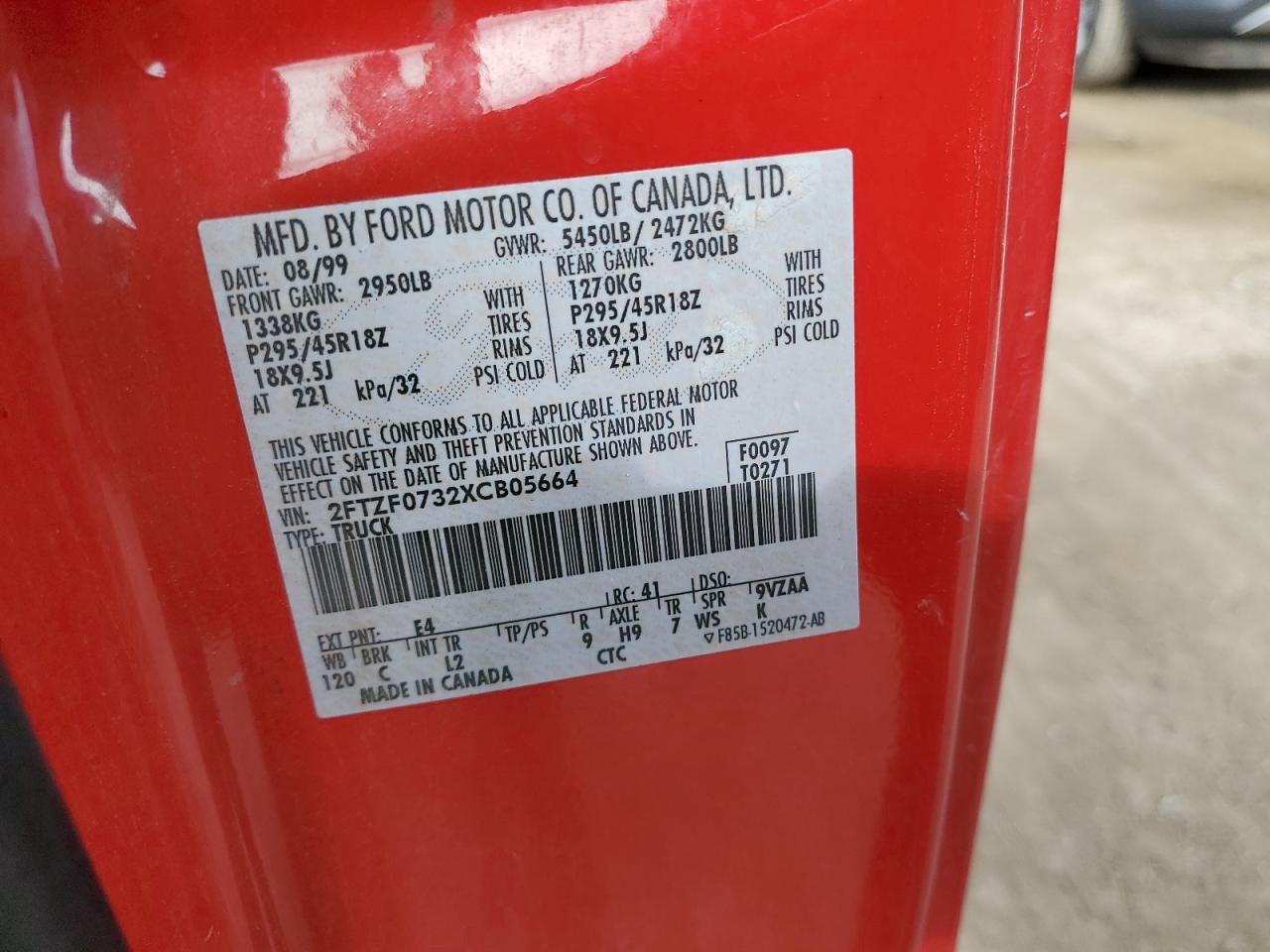 1999 Ford F150 Svt Lightning VIN: 2FTZF0732XCB05664 Lot: 52510343
