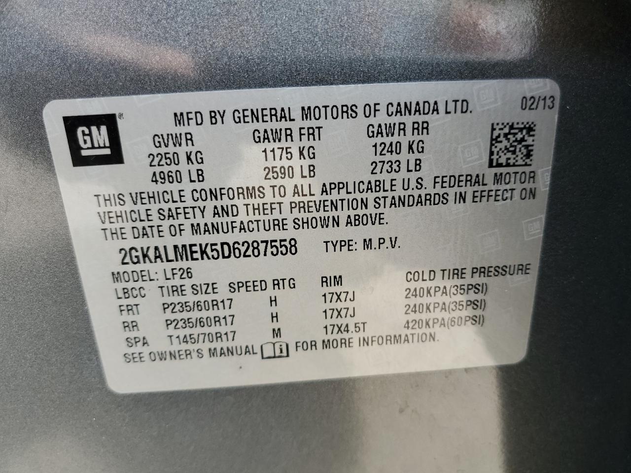 2013 GMC Terrain Sle VIN: 2GKALMEK5D6287558 Lot: 61397734