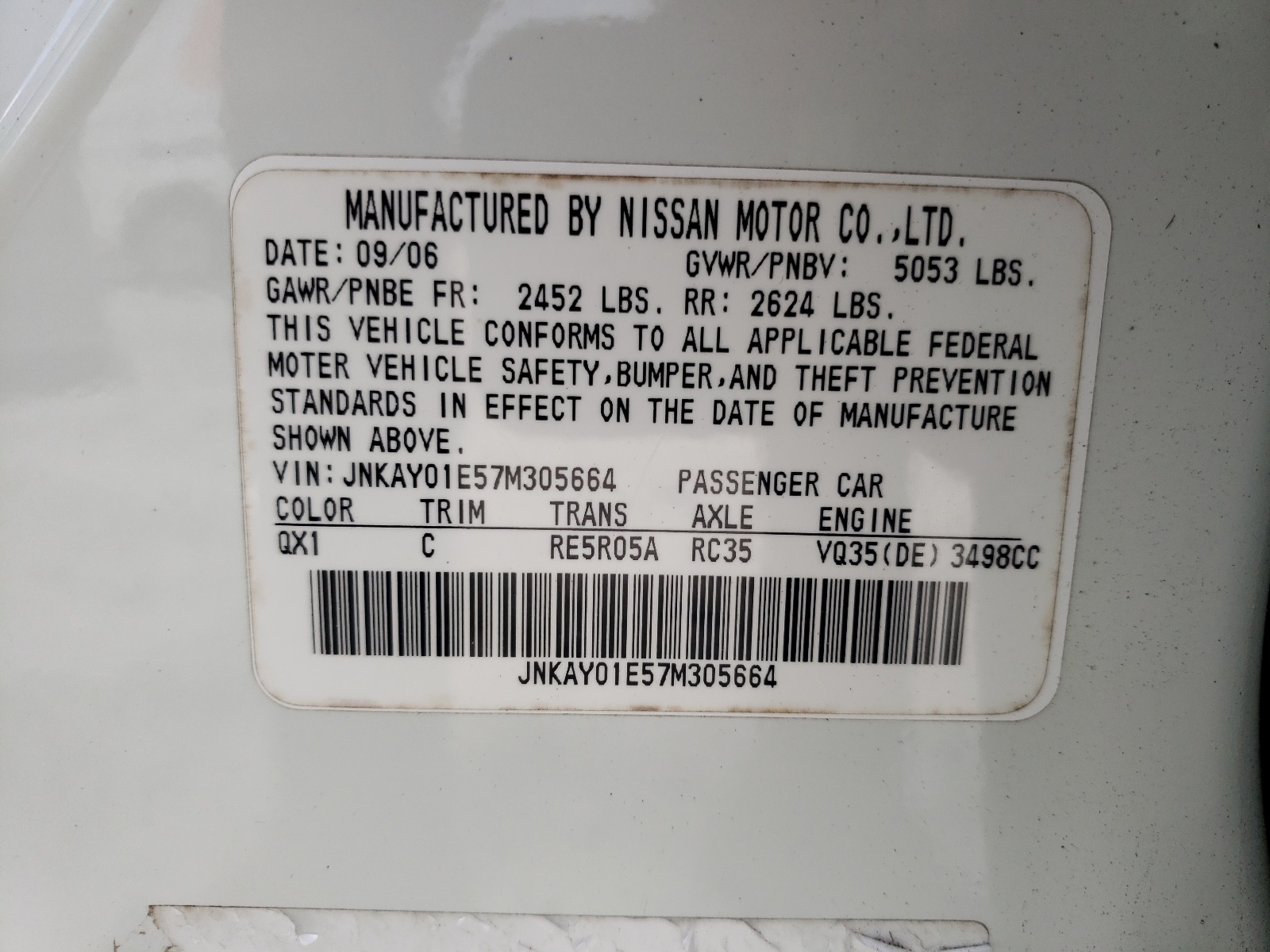 JNKAY01E57M305664 2007 Infiniti M35 Base