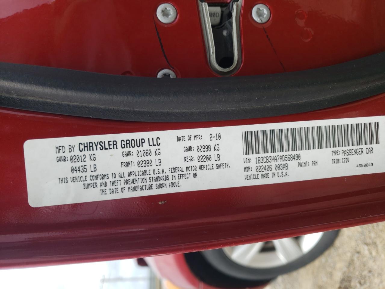 2010 Dodge Caliber Mainstreet VIN: 1B3CB3HA7AD568490 Lot: 61391404