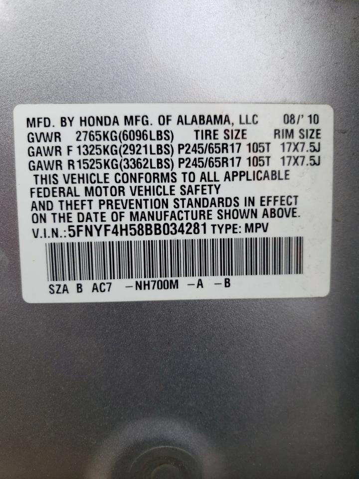 5FNYF4H58BB034281 2011 Honda Pilot Exl