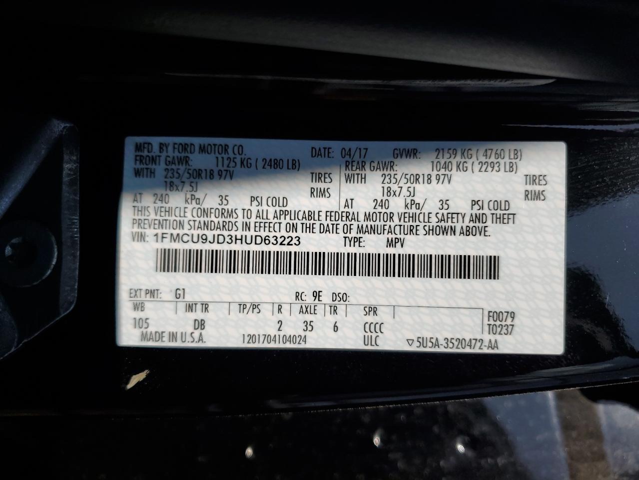 1FMCU9JD3HUD63223 2017 Ford Escape Titanium